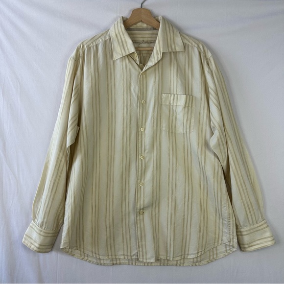 Tommy Bahama Mens Button Down Shirt L Ivory Beige Stripes Long Sleeves Textured - Picture 1 of 8